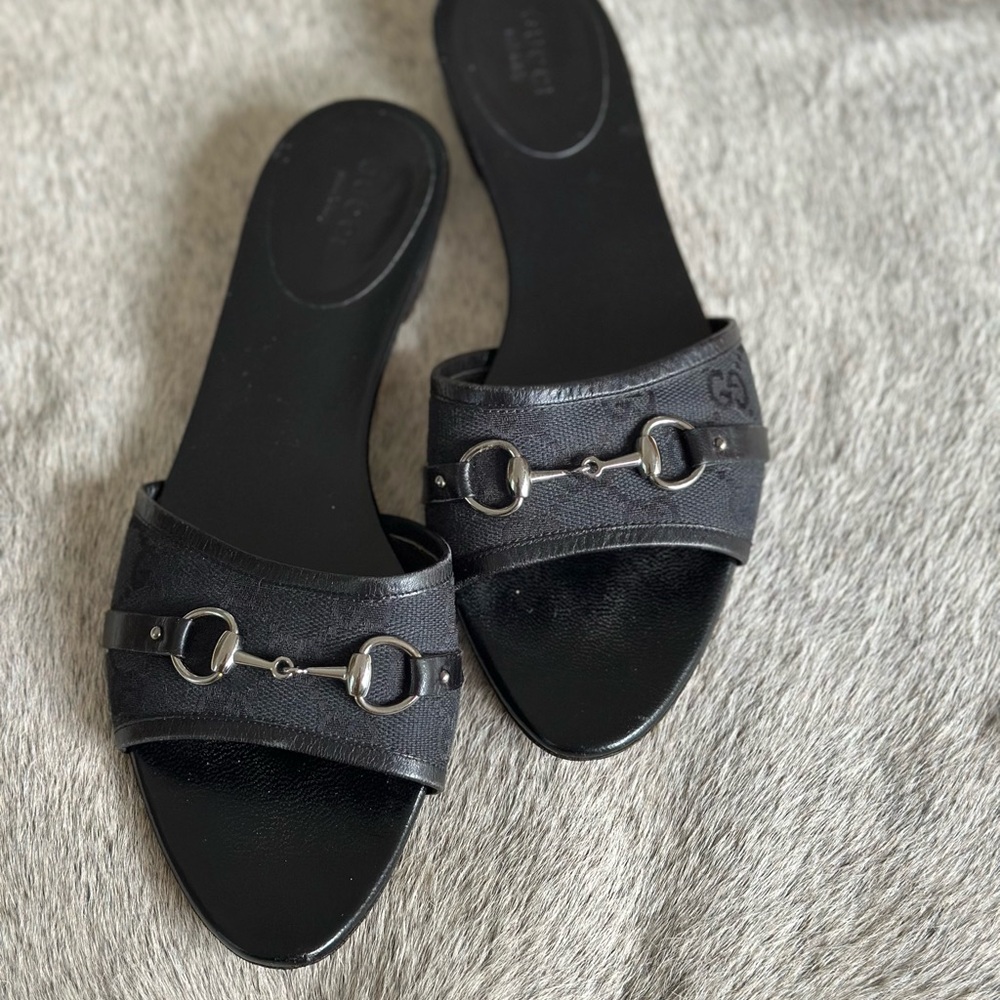 Gucci Black and Silver Slide Sandals with Horsebit